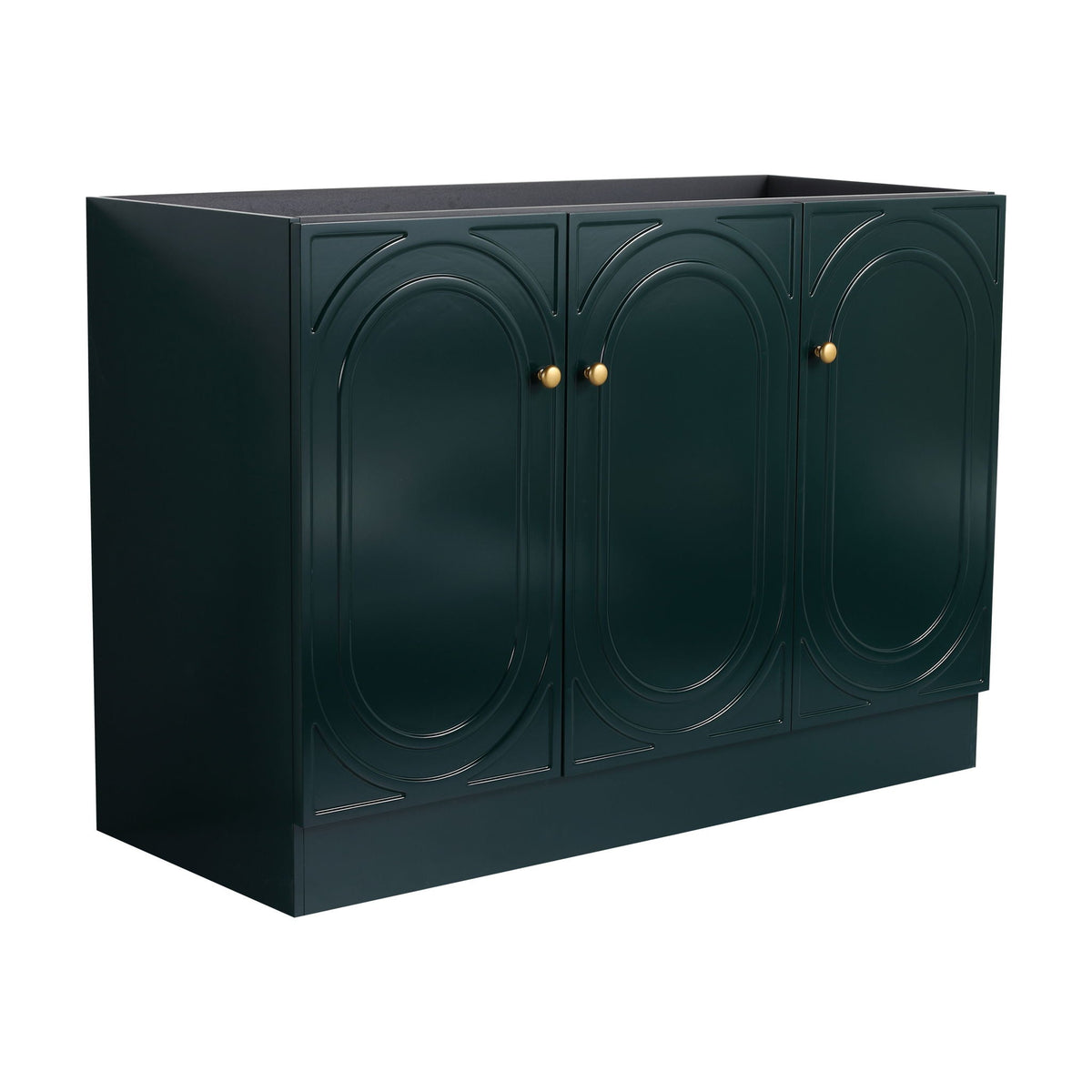 Freestanding bathroom vanity by HouseOfZazla with soft-close, dark green finish, brass knobs, circular doors on Tampa Home & Garden Store