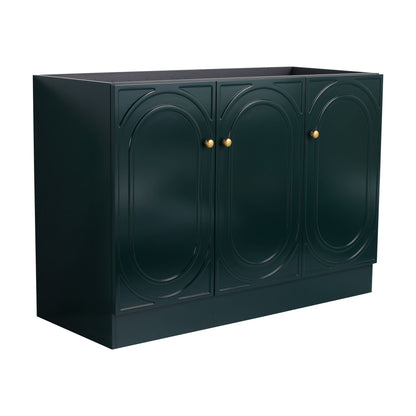 Freestanding bathroom vanity by HouseOfZazla with soft-close, dark green finish, brass knobs, circular doors on Tampa Home & Garden Store