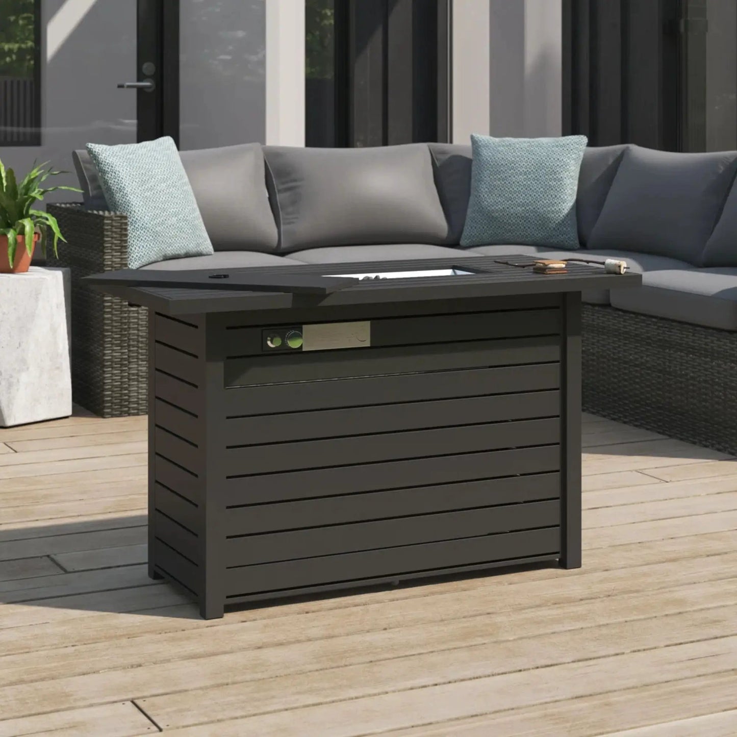 Outdoor Fire Pit Table with Lid Durable Black