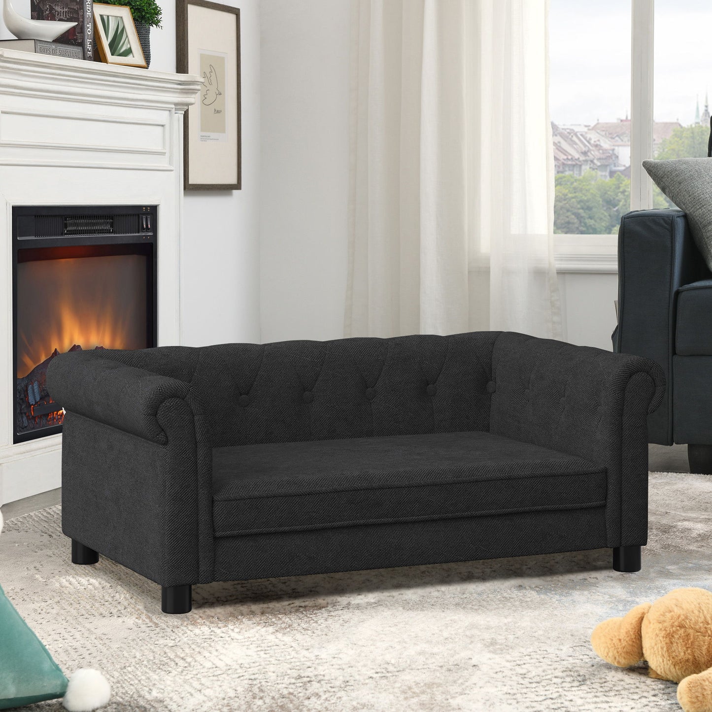 Modern Elegant Rectangle Dog Bed Elevated Sofa by HouseOfZazla in dark gray tufted fabric on Tampa Home & Garden Store