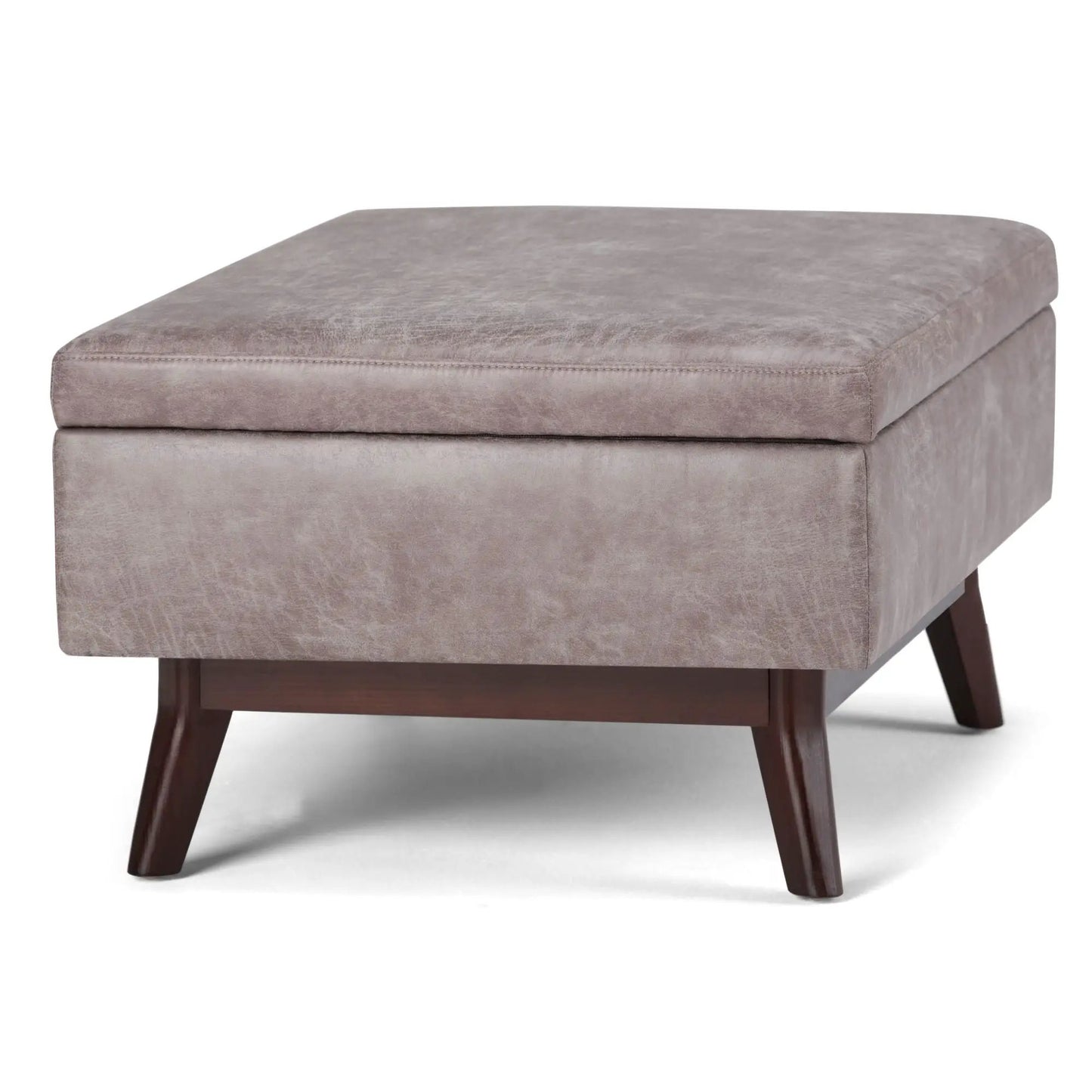 Owen Upholstered Rectangular Storage Ottoman in lavender-gray fabric with dark wooden legs on Tampa Home & Garden Store