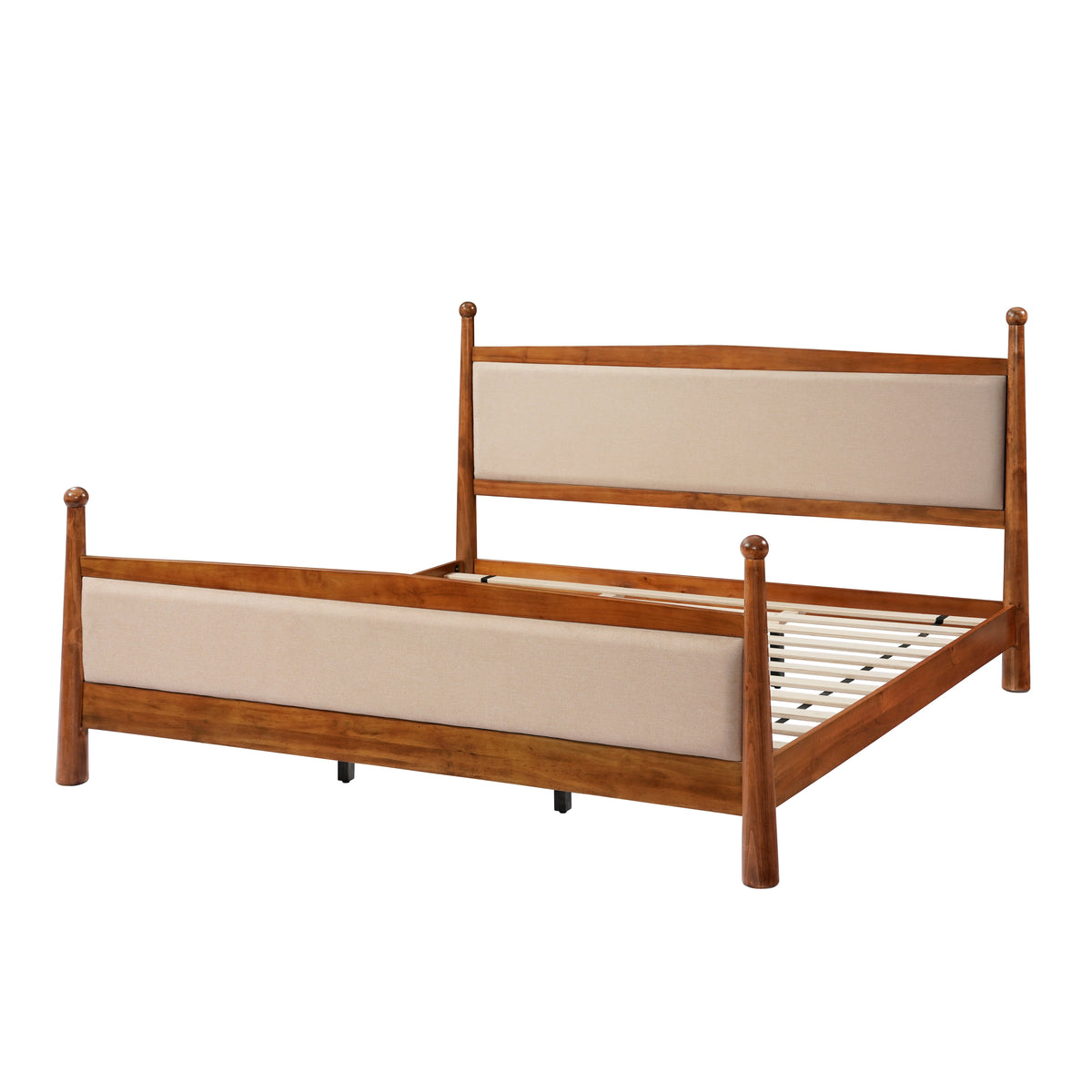 King upholstered platform bed frame with beige fabric headboard and wood posts HouseOfZazla on Tampa Home & Garden Store