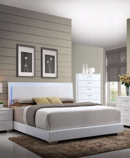 Lorimar White Faux Leather Panel Bed by HouseOfZazla with LED headboard and low-profile platform on Tampa Home & Garden Store