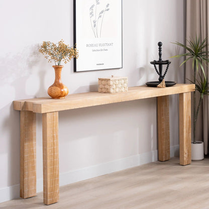 Console table long narrow sofa table in natural wood finish with vase and wicker basket on Tampa Home & Garden Store