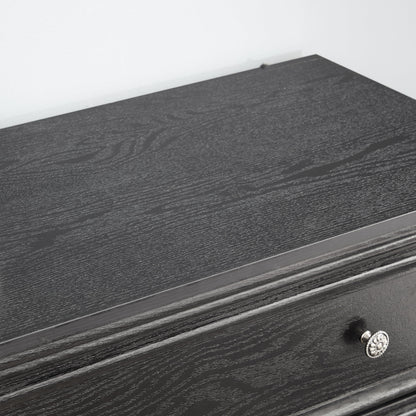 Modern 5-drawer black dresser with ornate silver knob for living room storage on Tampa Home & Garden Store