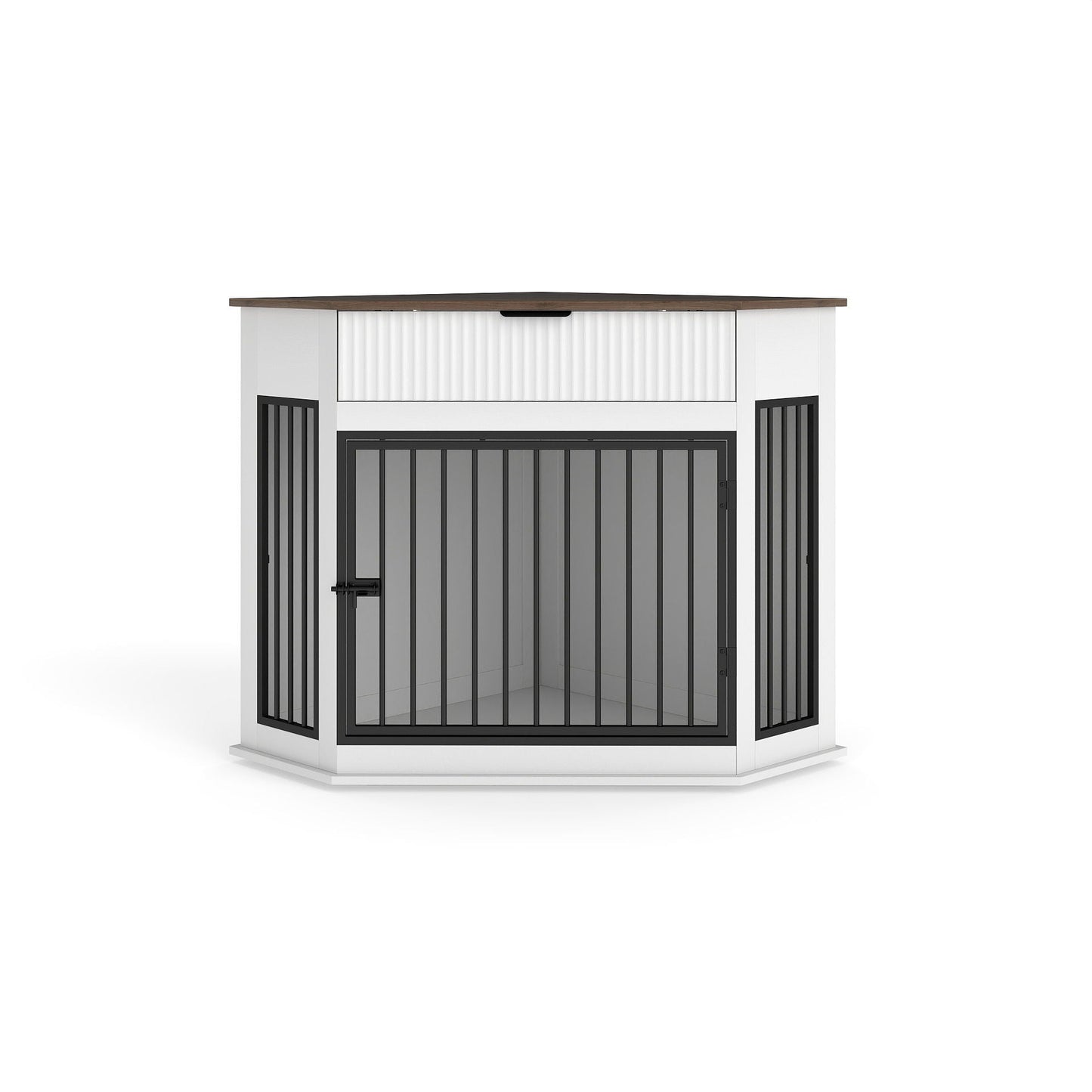 Corner Dog Crate HouseOfZazla white cabinet-style cage with black bars and wood-top on Tampa Home & Garden Store