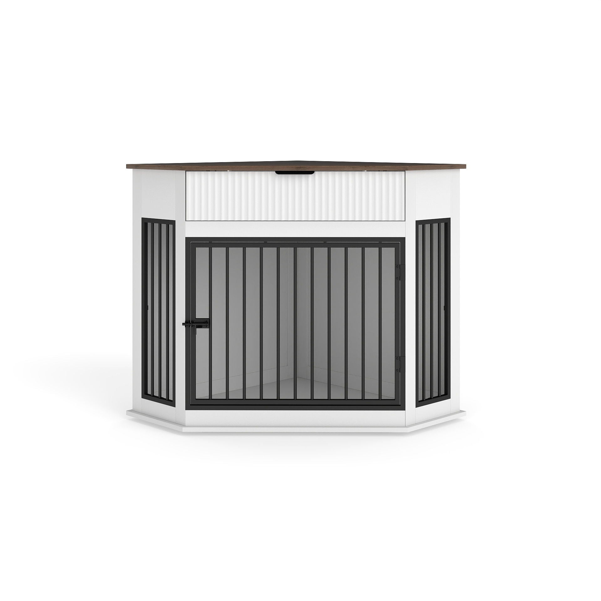 Corner Dog Crate HouseOfZazla white cabinet-style cage with black bars and wood-top on Tampa Home & Garden Store