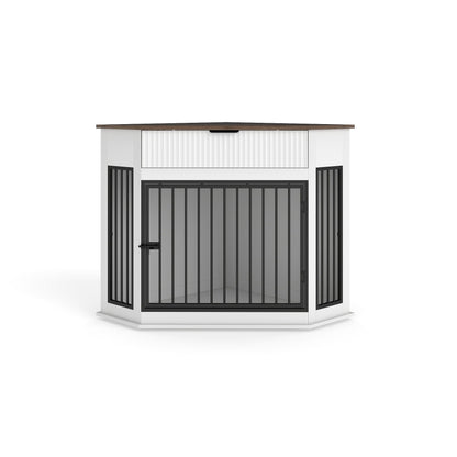 Corner Dog Crate HouseOfZazla white cabinet-style cage with black bars and wood-top on Tampa Home & Garden Store