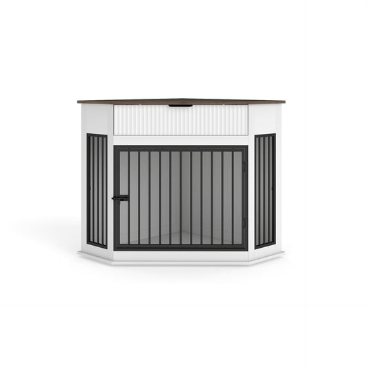 Corner Dog Crate HouseOfZazla white cabinet-style cage with black bars and wood-top on Tampa Home & Garden Store