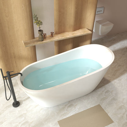 Freestanding white acrylic slipper bathtub with black faucet beside wood wall and marble floor on Tampa Home & Garden Store