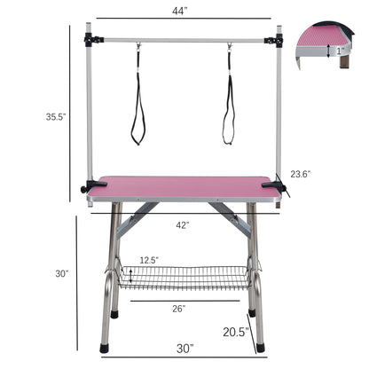 Folding dog grooming table with stainless steel frame, pink rubber mat, adjustable arm and clamps on Tampa Home & Garden Store