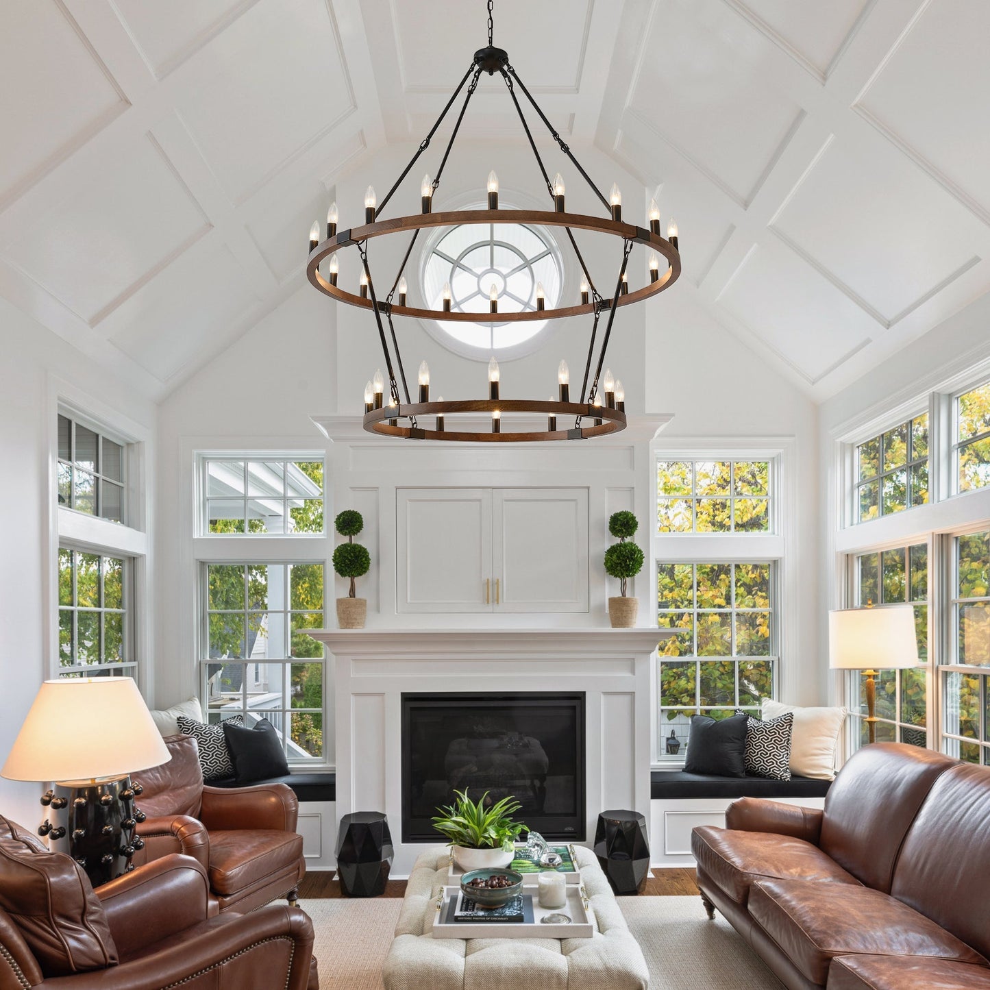 Large solid wood wagon wheel chandelier by HouseOfZazla, 2-tier, 32-lights, dark metal on Tampa Home & Garden Store