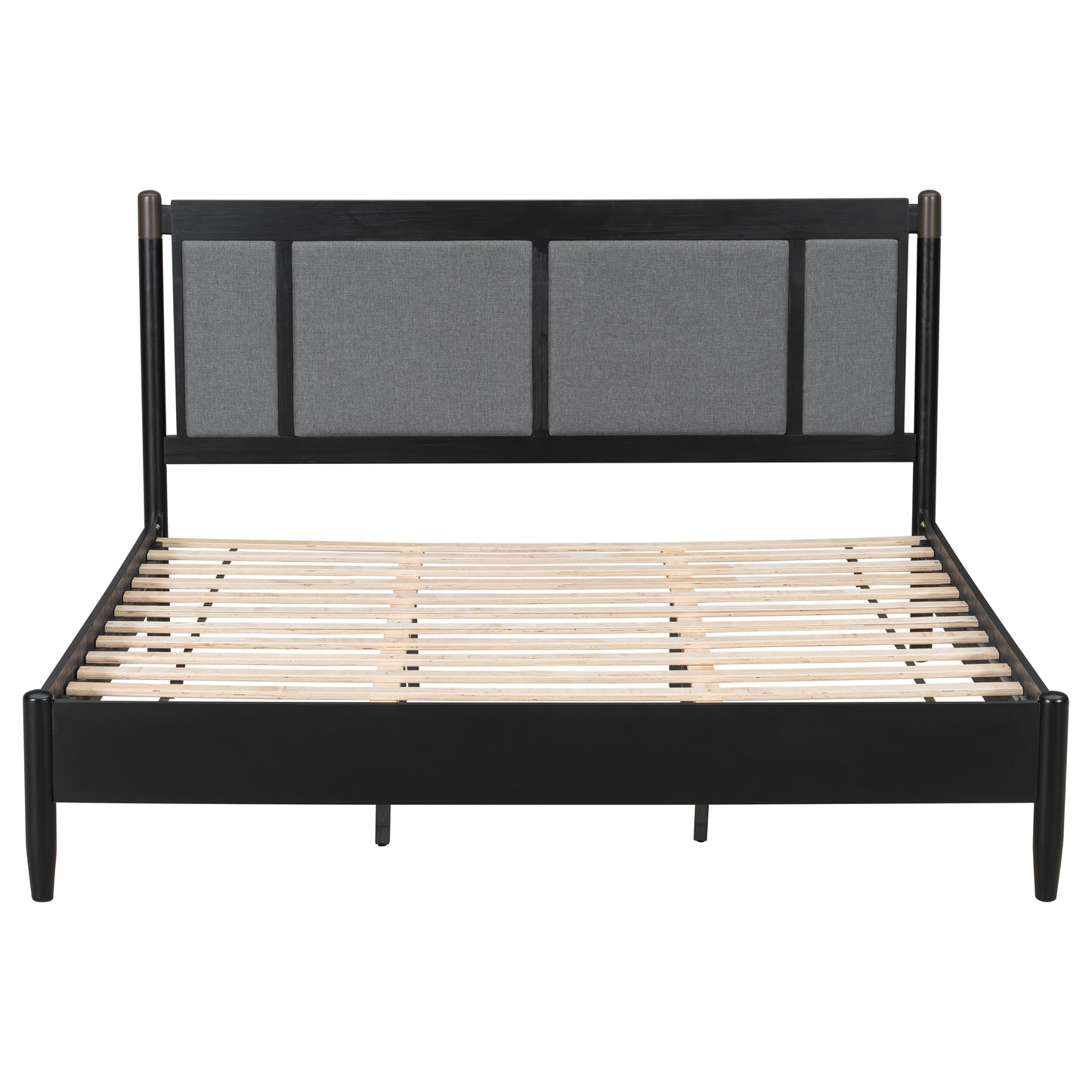 Solid wood king bed frame by HouseOfZazla with black finish and gray fabric headboard on Tampa Home & Garden Store