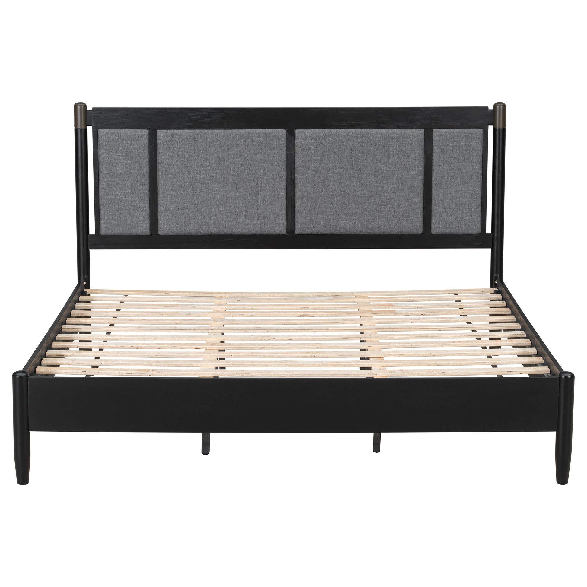 Solid wood king bed frame by HouseOfZazla with black finish and gray fabric headboard on Tampa Home & Garden Store