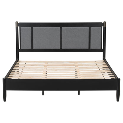 Solid wood king bed frame by HouseOfZazla with black finish and gray fabric headboard on Tampa Home & Garden Store