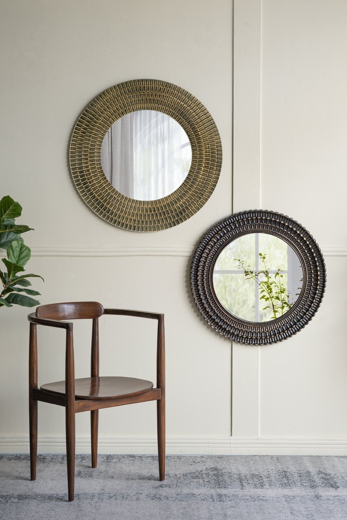 29.5-inch round gold and black woven wood accent mirror; two woven frames on wall HouseOfZazla on Tampa Home & Garden Store