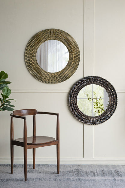 29.5-inch round gold and black woven wood accent mirror; two woven frames on wall HouseOfZazla on Tampa Home & Garden Store