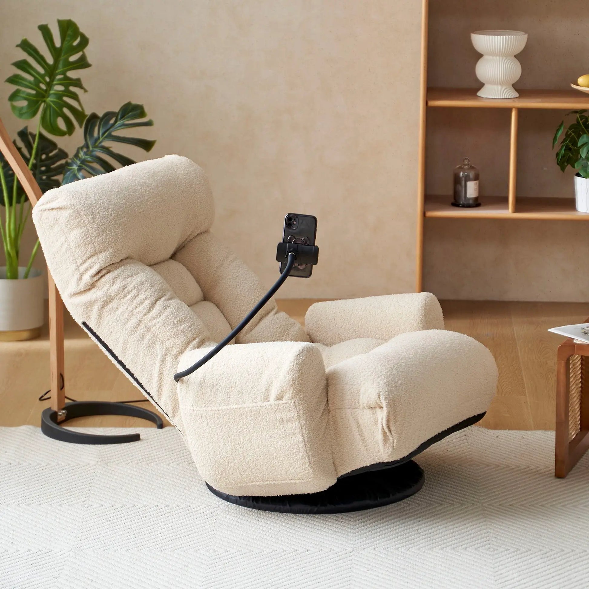 Adjustable swivel lounge chair in cream textured fabric with 360° rotation and headrest support on Tampa Home & Garden Store
