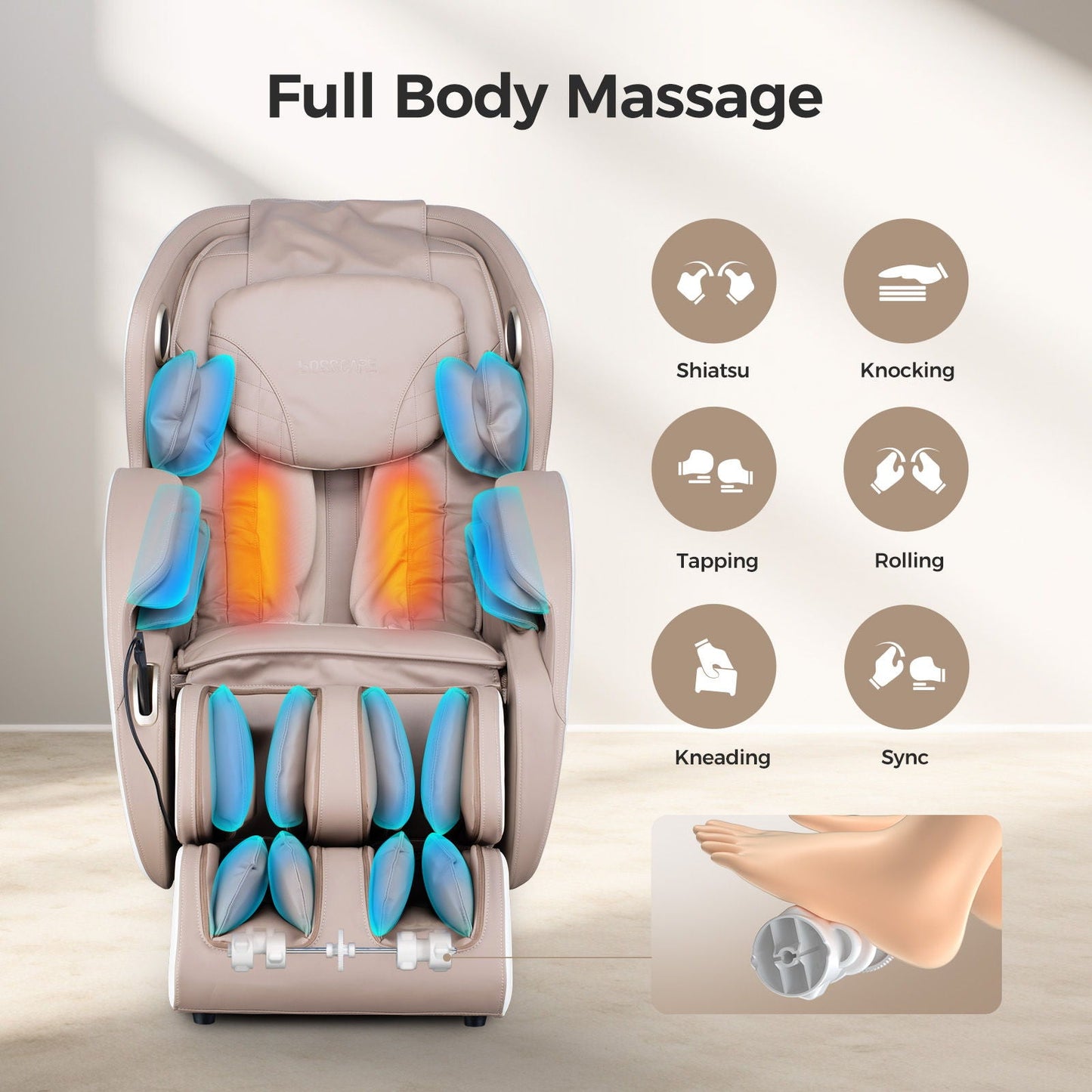 Bosscare 3D Zero Gravity Massage Chair beige full-body Shiatsu recliner with app on Tampa Home & Garden Store