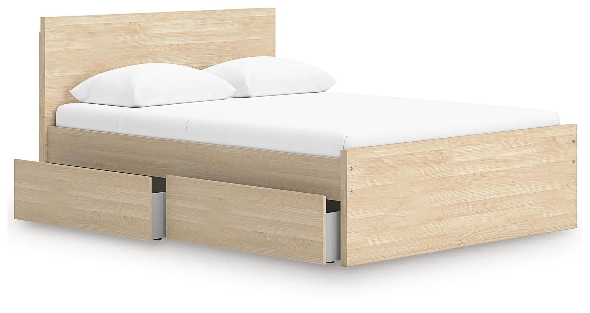 Onita Panel Platform Bed with under-bed storage drawers in oak on Tampa Home & Garden Store