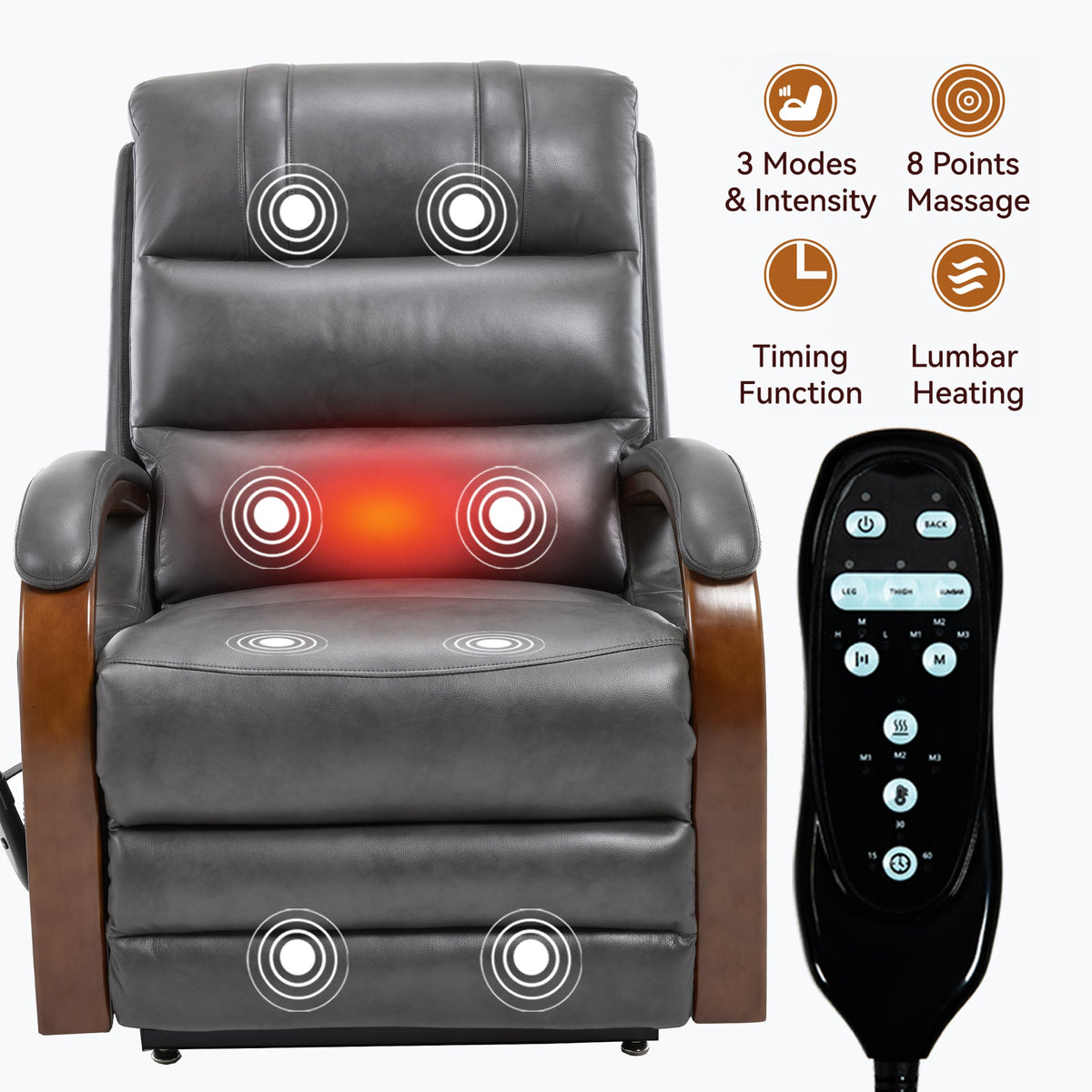 Power Dark Recliner Chair by HouseOfZazla in dark grey leather with massage and remote on Tampa Home & Garden Store