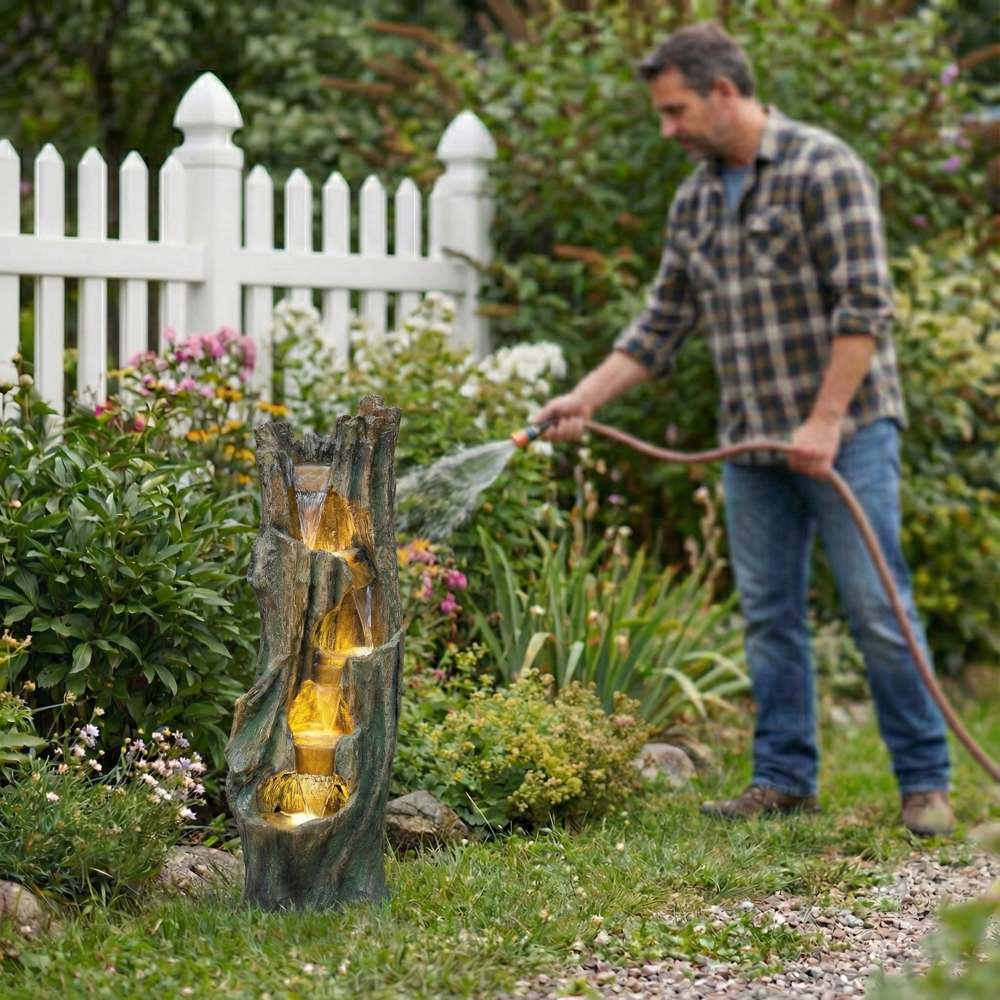 Waterfall Fountain for Outdoor Gardens and Patios, stone-look rock fountain with warm LEDs on Tampa Home & Garden Store