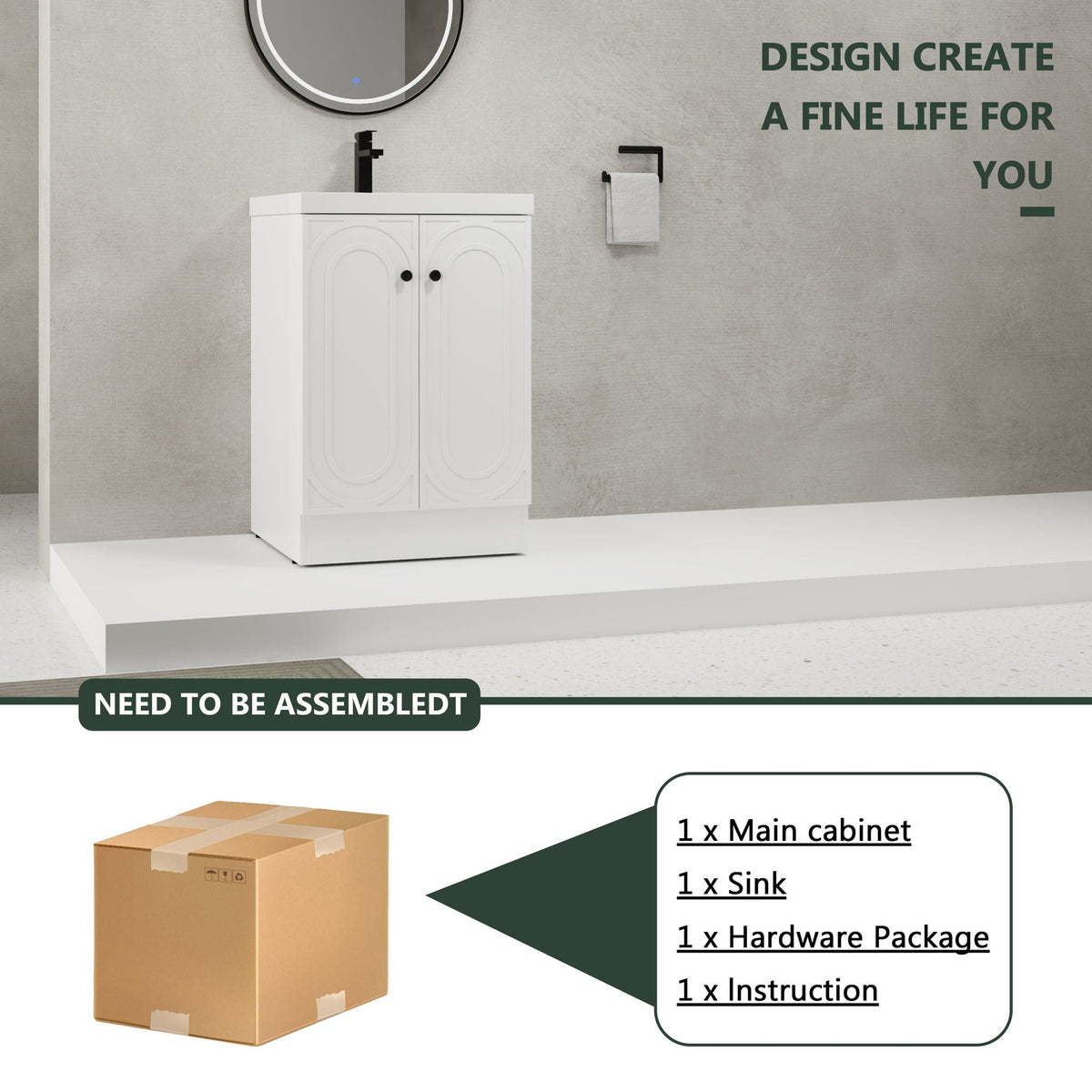 Freestanding bath vanity with resin sink, black faucet, arched panel doors, wall mirror on Tampa Home & Garden Store