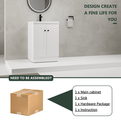 Freestanding bath vanity with resin sink, black faucet, arched panel doors, wall mirror on Tampa Home & Garden Store