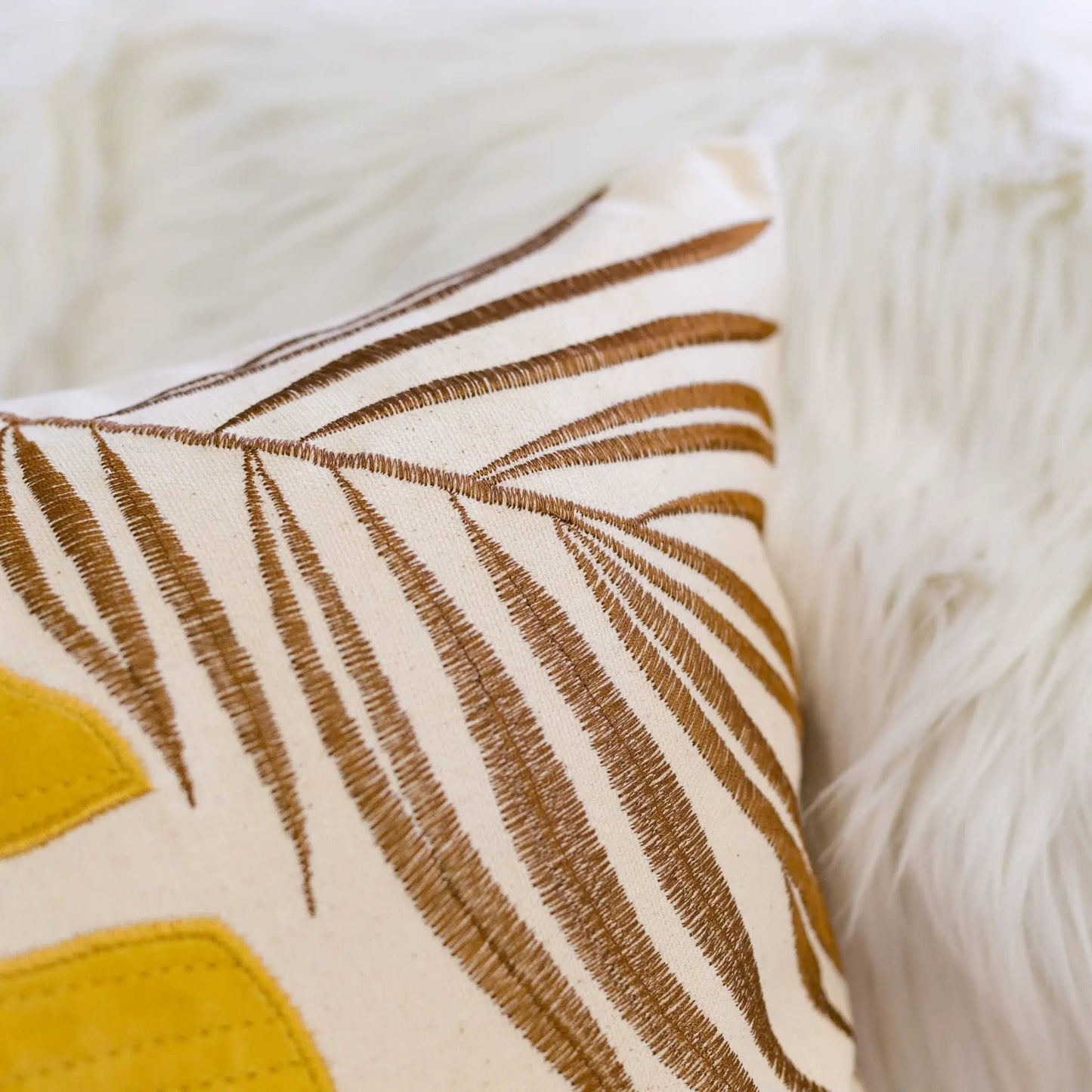 Autumn Vibes Leaf Accent Pillow, beige fabric with brown stripes and a yellow corner patch on Tampa Home & Garden Store