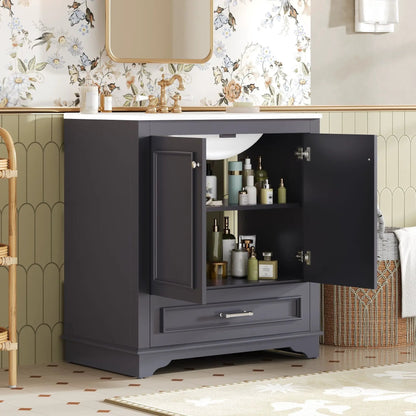Vanity with sink and cabinet, dark gray, brass faucet, 2 soft-closing doors, adjustable shelf on Tampa Home & Garden Store