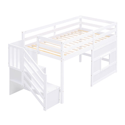 White loft bed with storage staircase, slatted base, HouseOfZazla on Tampa Home & Garden Store