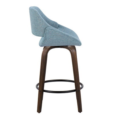 Blue fabric mid century modern counter stool with curved back and footrest on dark wood legs on Tampa Home & Garden Store