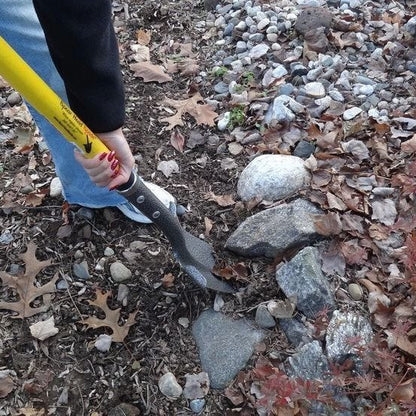 Spear Head Spade 40-inch D-grip SHFD3 spade with yellow handle and blade digging in rocky soil on Tampa Home & Garden Store