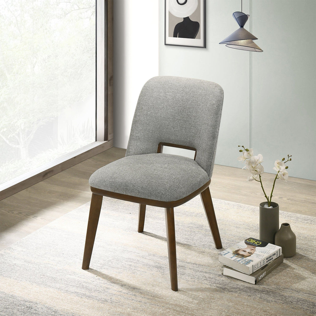 Modern dining chair set of 2 with walnut base in gray upholstery on Tampa Home & Garden Store