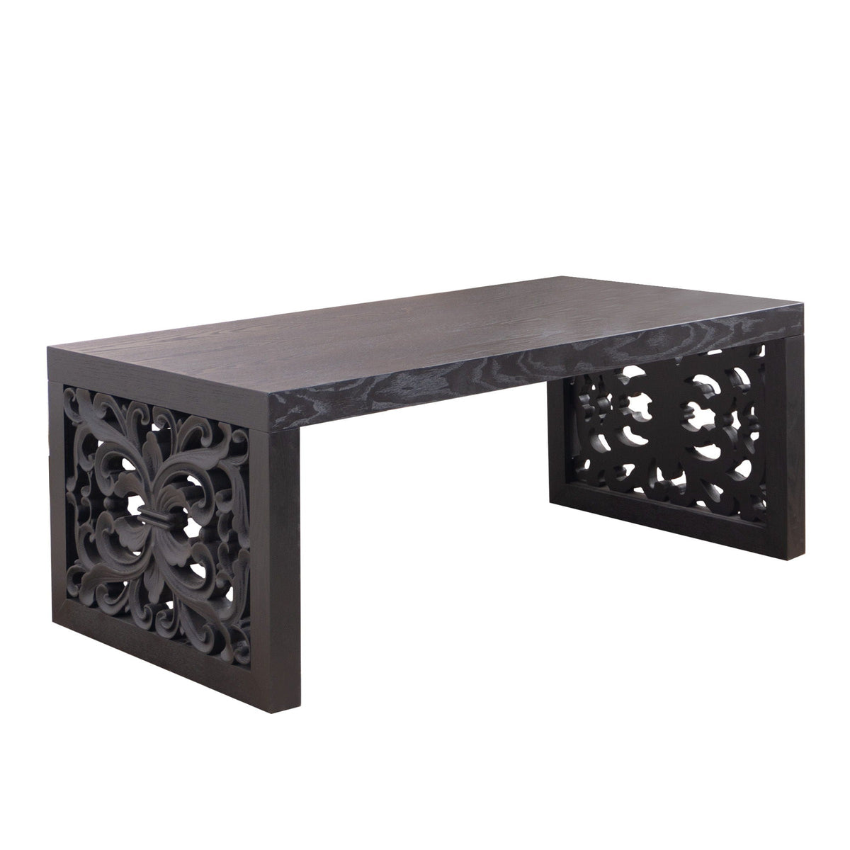 HouseOfZazla rustic carved wood coffee table with handcrafted look in dark finish on Tampa Home & Garden Store