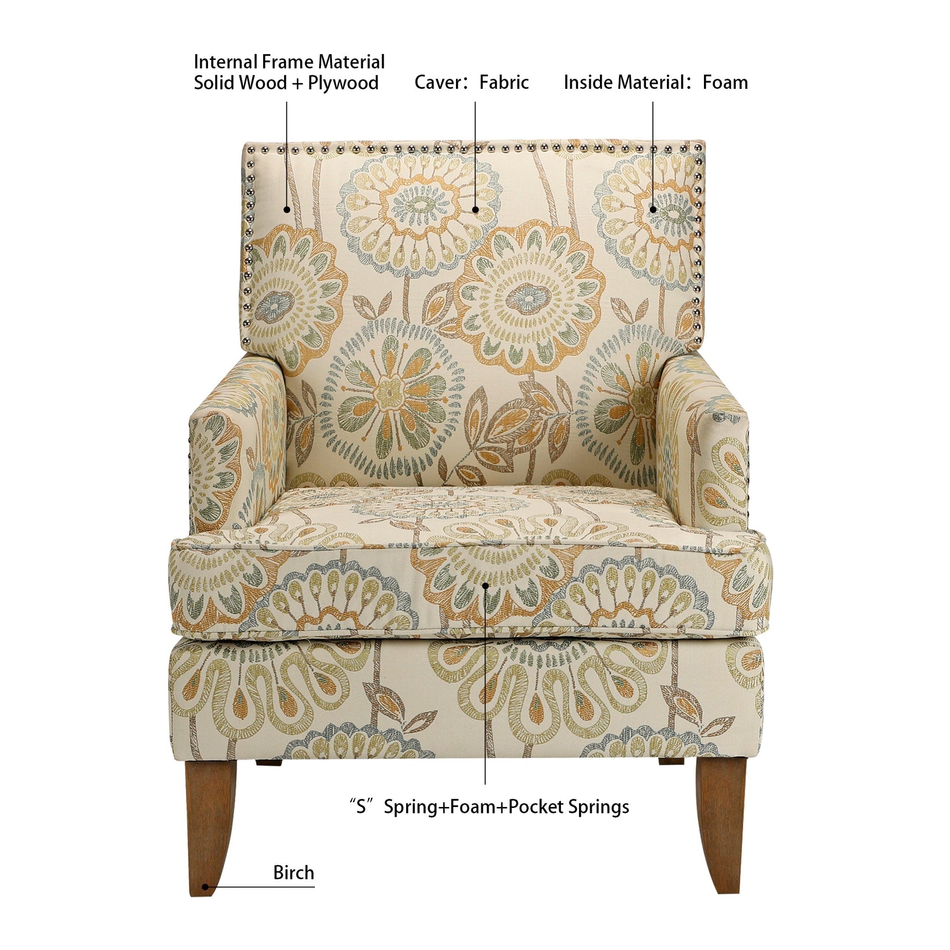 Accent chairs by HouseOfZazla in beige floral fabric with nailhead trim and wood legs on Tampa Home & Garden Store