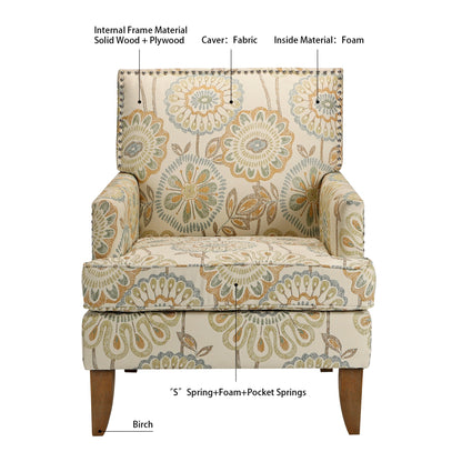 Accent chairs by HouseOfZazla in beige floral fabric with nailhead trim and wood legs on Tampa Home & Garden Store