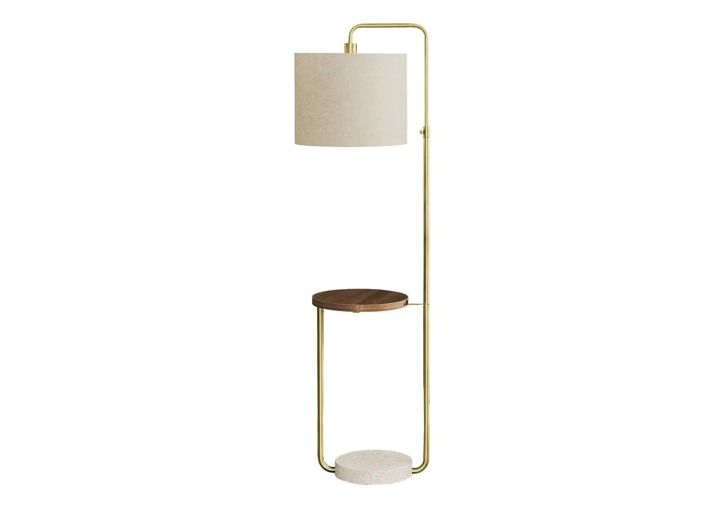 Unique Piece Furniture floor lamp with USB port, brass frame, beige shade and wooden shelf on Tampa Home & Garden Store