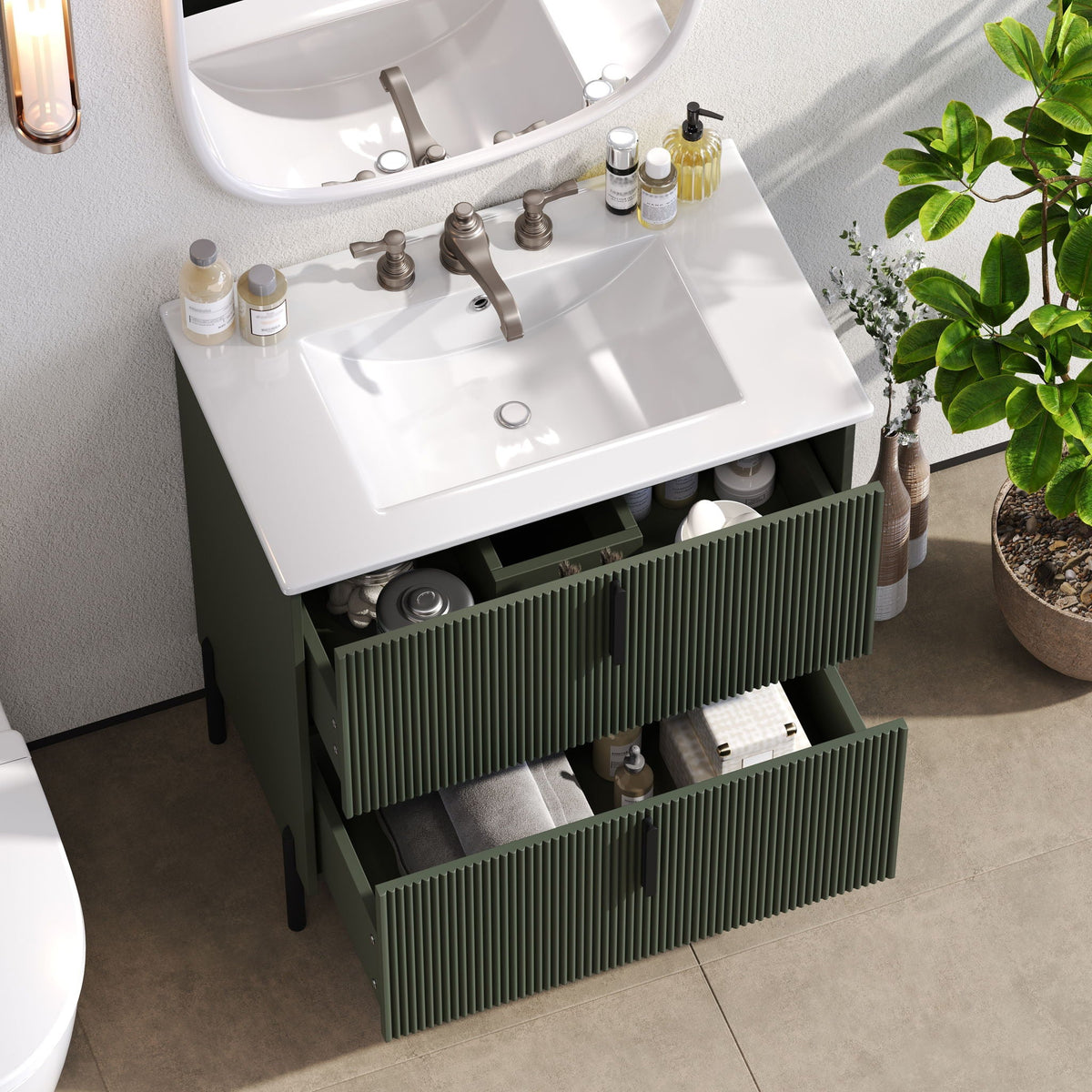 Bathroom vanity with ceramic white sink and fluted dark green cabinet by HouseOfZazla on Tampa Home & Garden Store