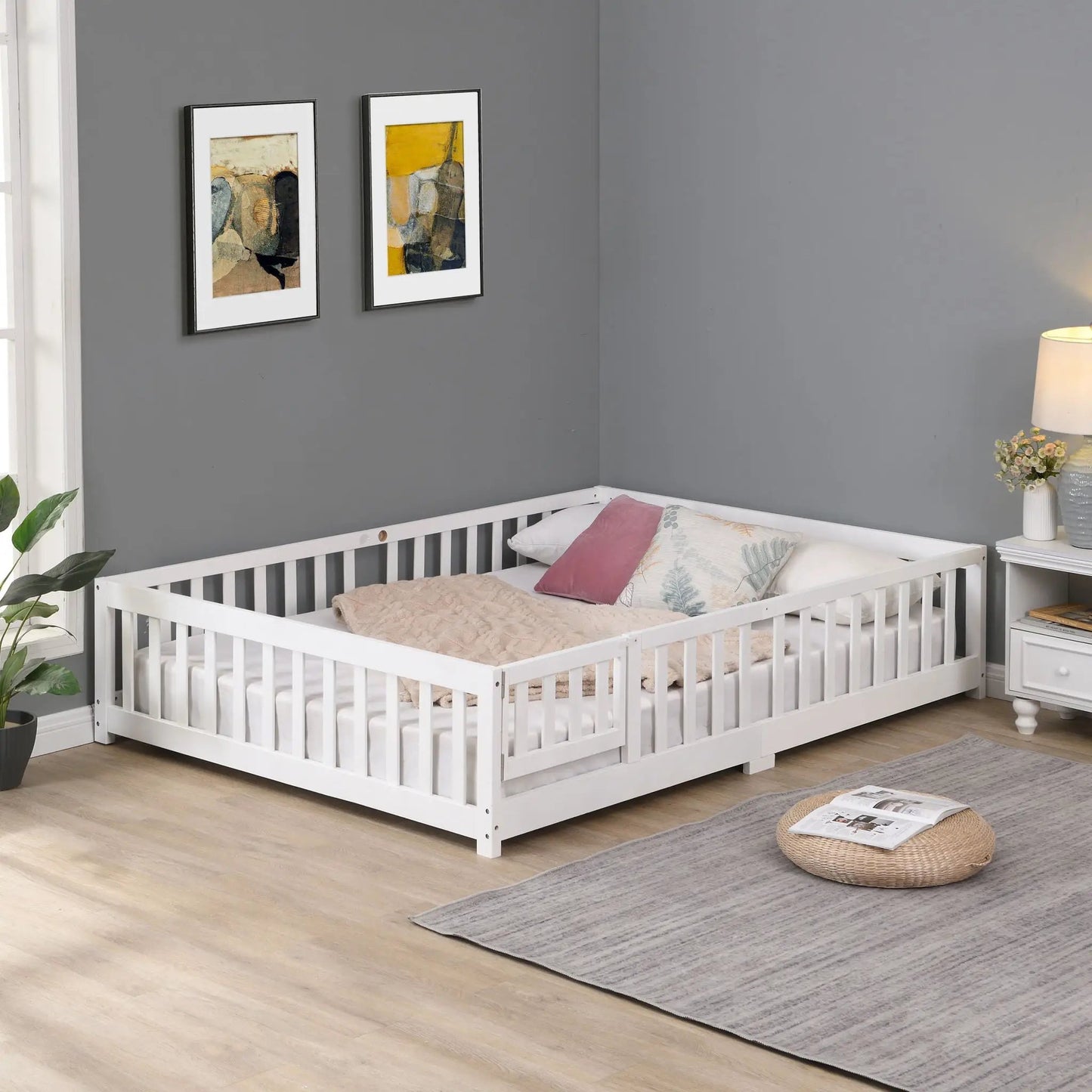 Solid Wood Floor Bed with Door and Fence