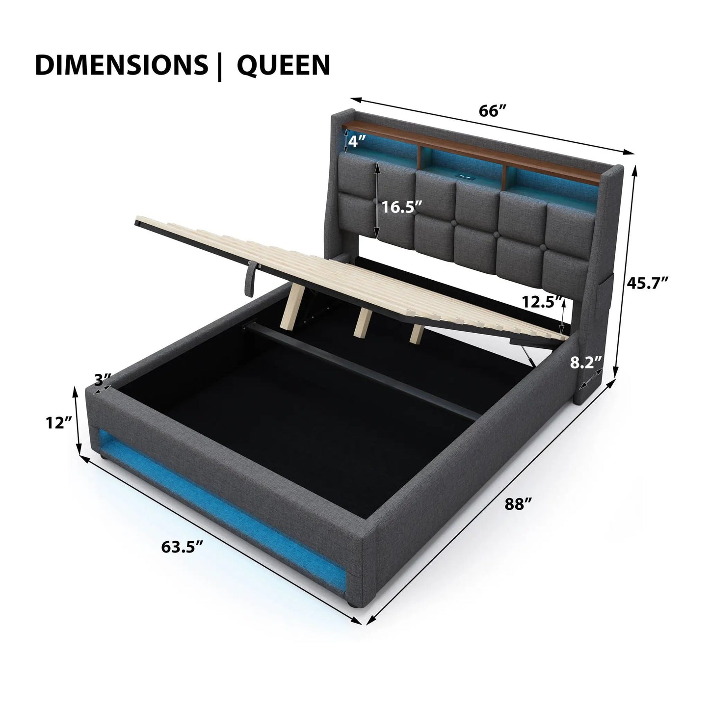 Upholstered Platform Bed With Storage USB LED