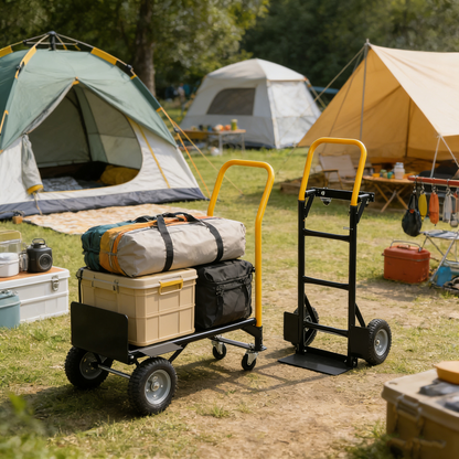 Heavy Duty Dual Purpose Hand Truck Dolly Cart with yellow handles carrying bin at campsite on Tampa Home & Garden Store