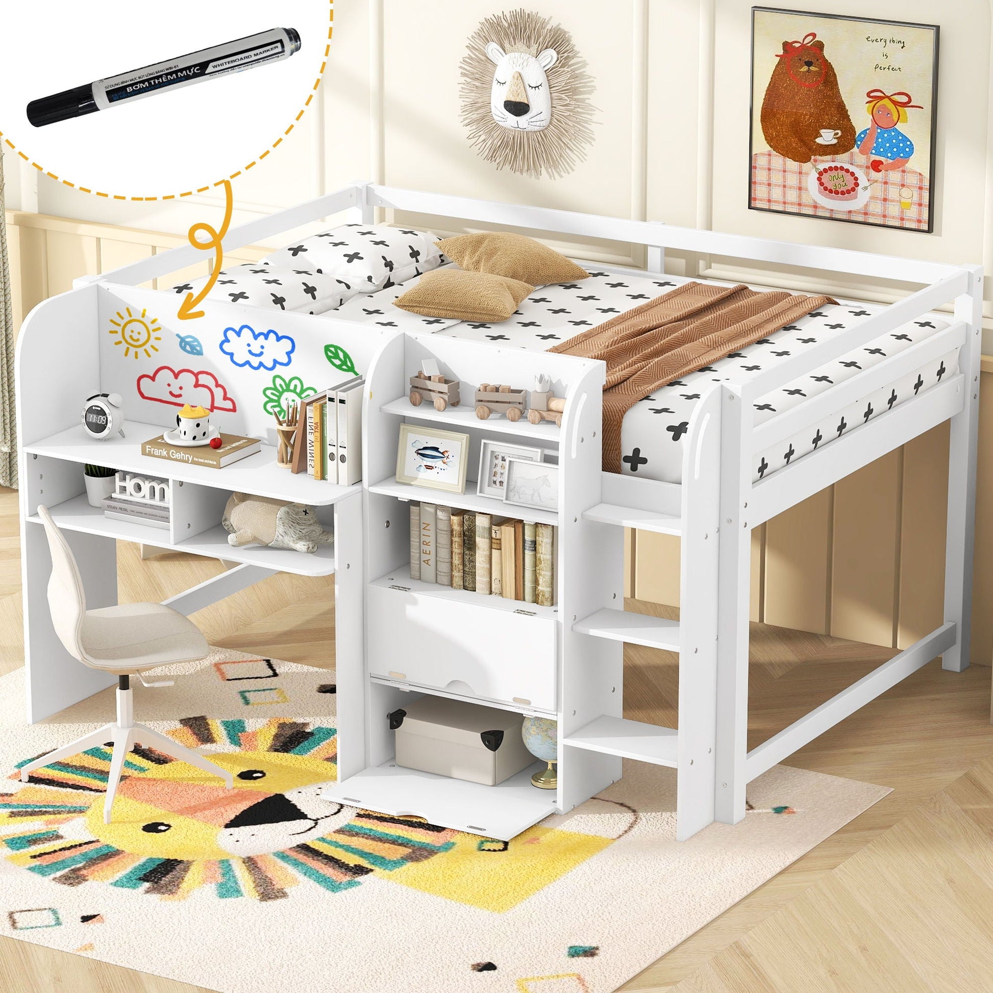 Low loft bed with built-in desk, storage cabinets, open bookcase and doodle board in white on Tampa Home & Garden Store