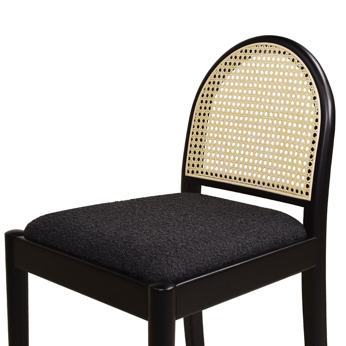 Curved-back cane counter stool with black frame, natural cane back, black cushion seat on Tampa Home & Garden Store
