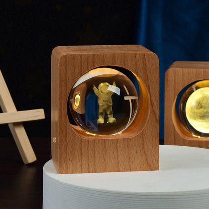 Beech wood cube night light with crystal ball 3D elk jellyfish engraving, USB dimmable LED, two units on Tampa Home & Garden Store