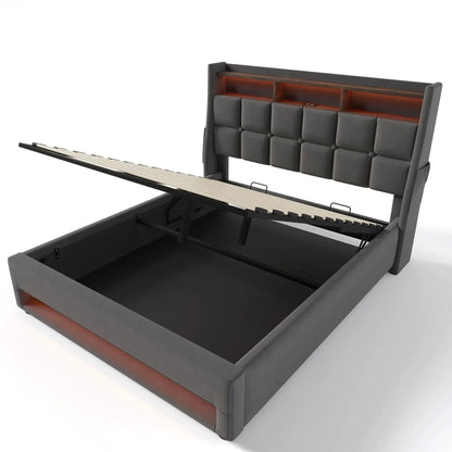 Upholstered Platform Bed With Storage USB LED