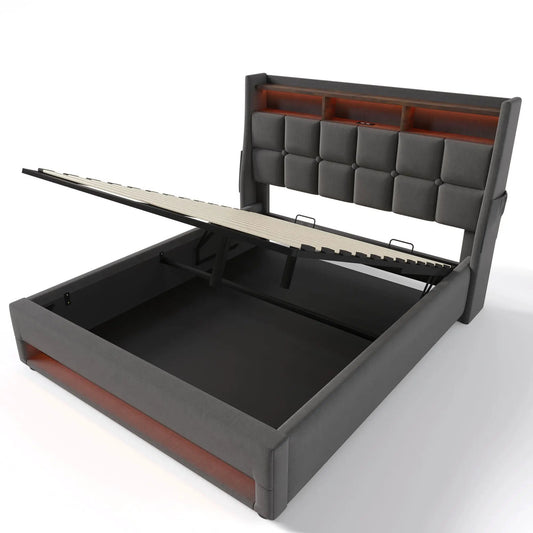 Upholstered platform bed with hydraulic storage lift gray fabric LED lighting USB charging on Tampa Home & Garden Store