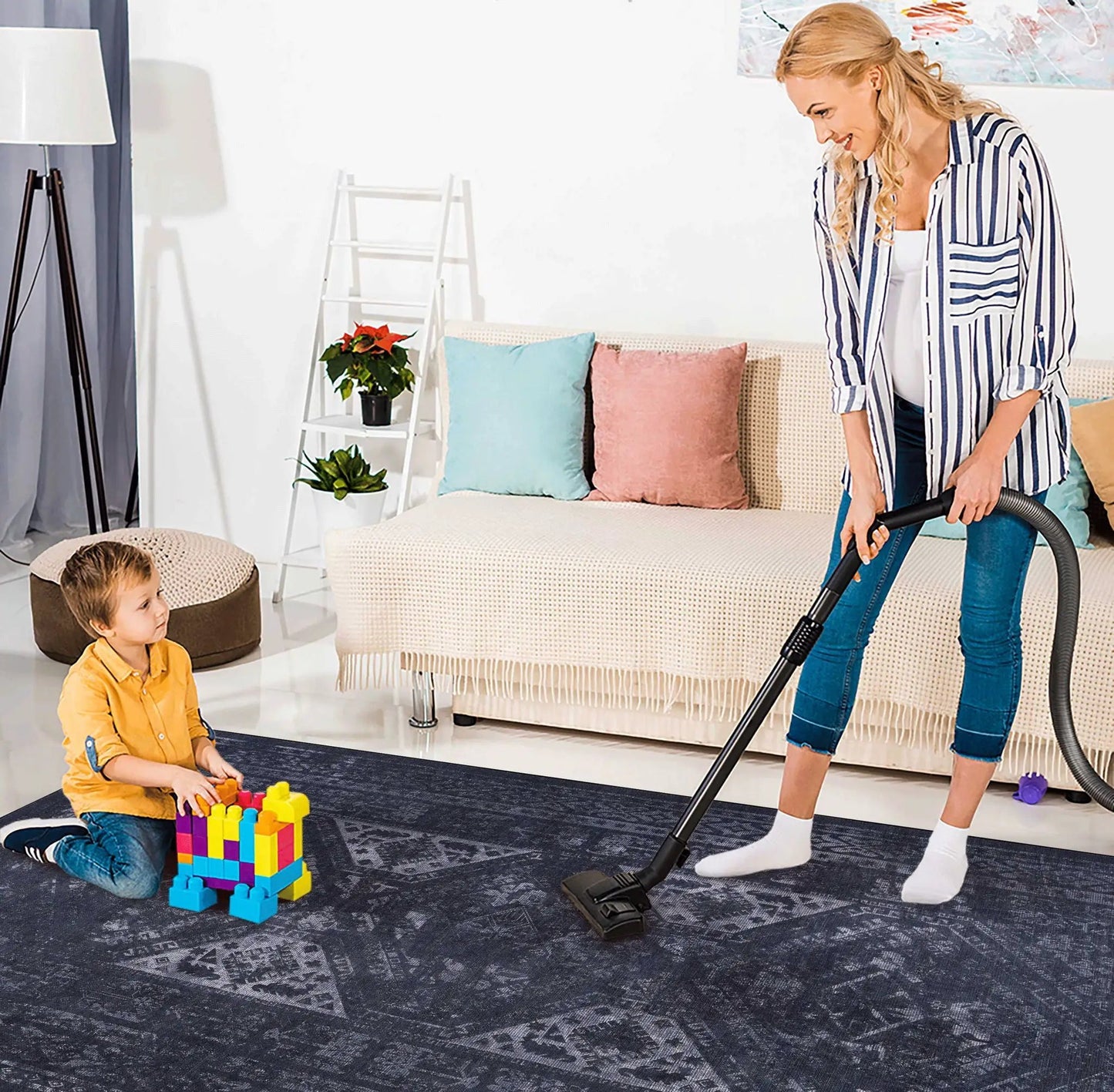 Maval washable rug by Unique Piece Furniture, dark blue patterned area rug in living room on Tampa Home & Garden Store