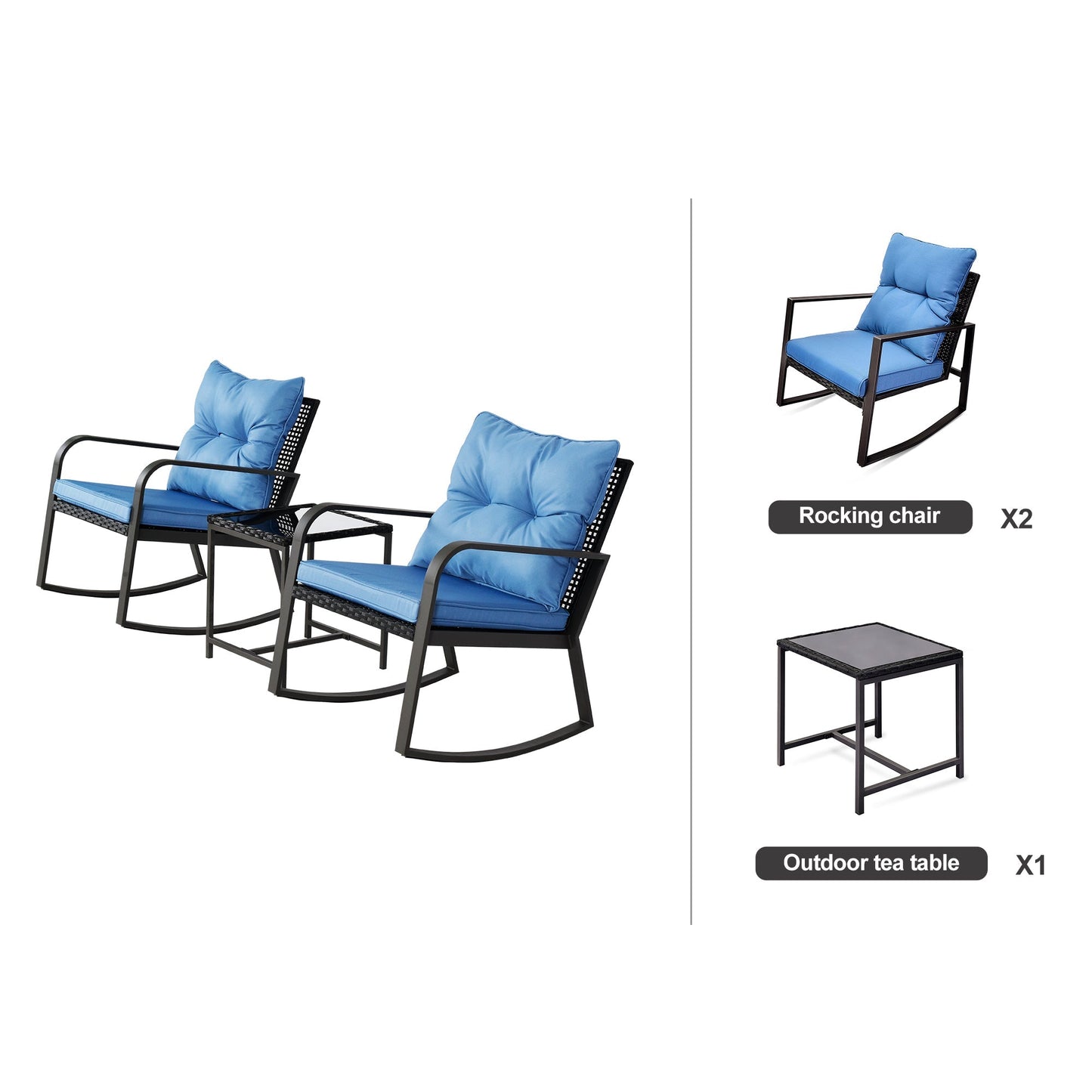 Outdoor rocking chairs by HouseOfZazla with blue cushions, 2-pack with outdoor tea table on Tampa Home & Garden Store