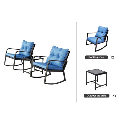 Outdoor rocking chairs by HouseOfZazla with blue cushions, 2-pack with outdoor tea table on Tampa Home & Garden Store